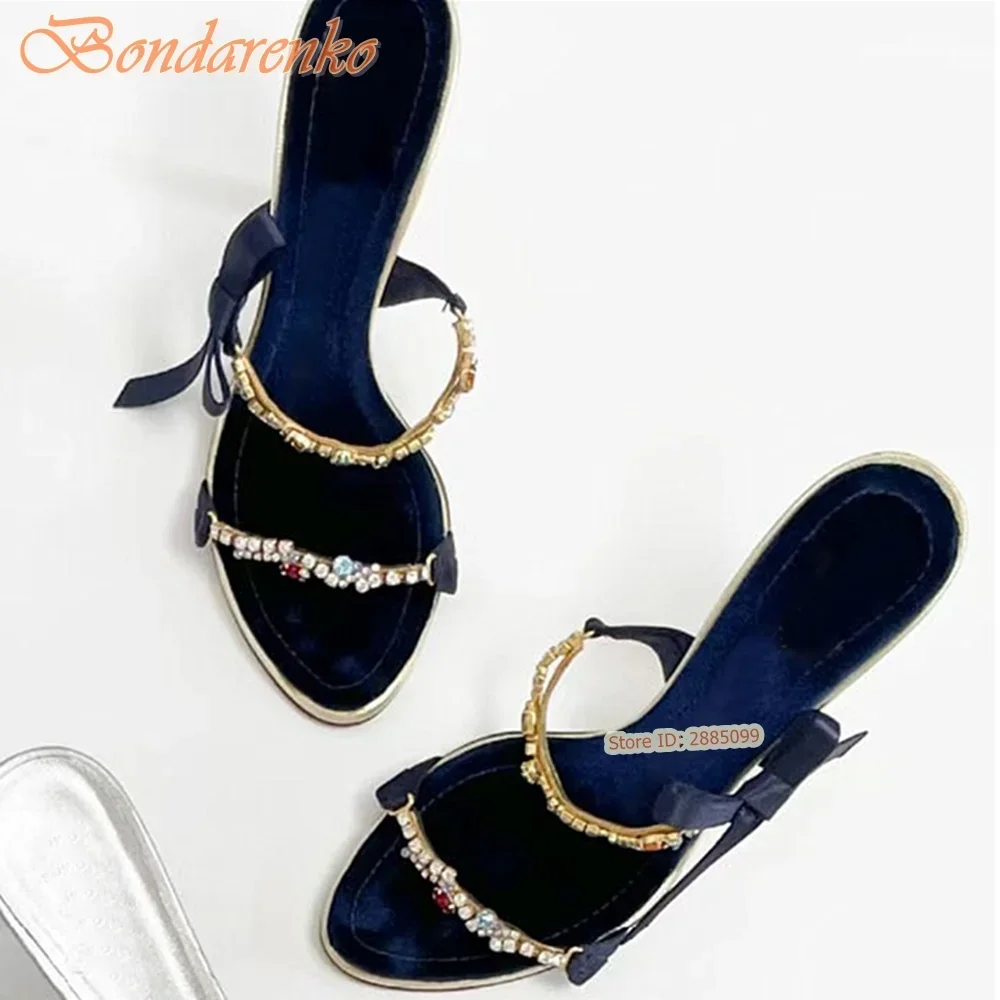 Rhinestone Bow High Heel Sandals Summer New Style Straps Slip On Stiletto Heels Women New Style Shoes Designer Party Casual