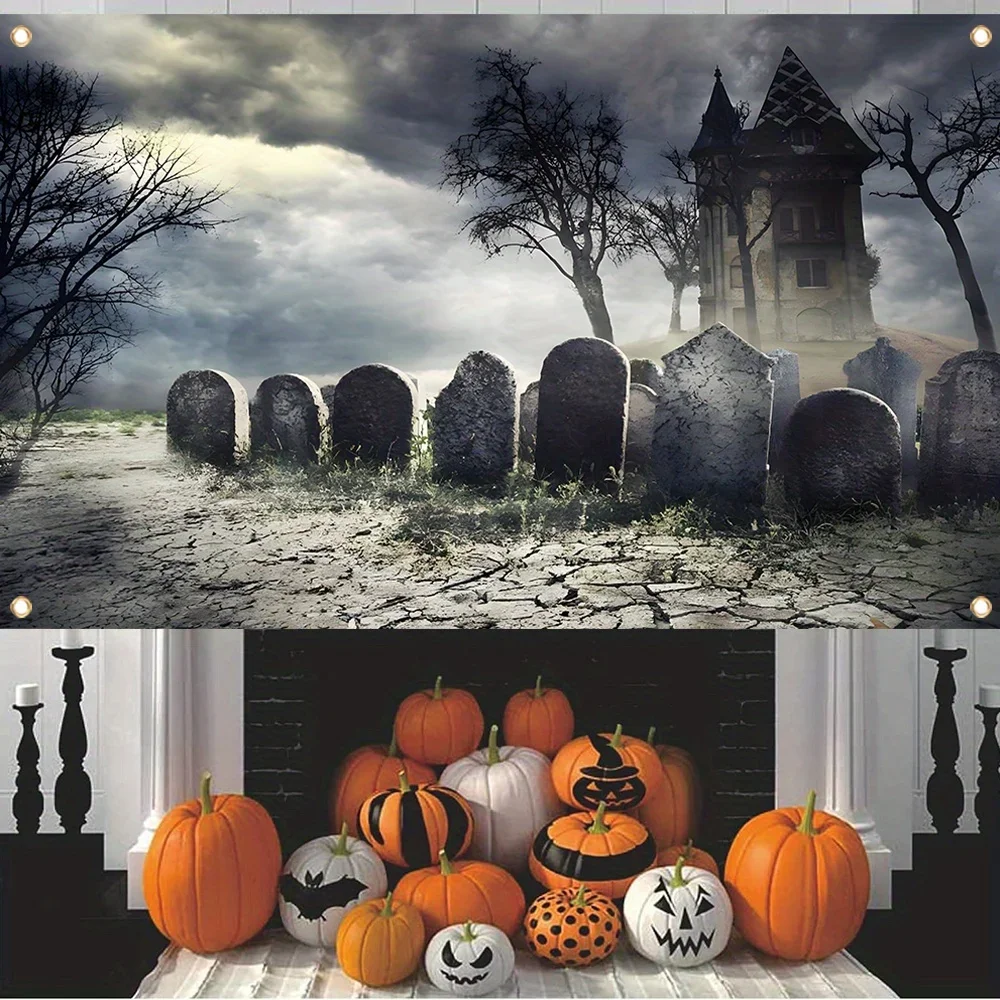 Halloween decoration banner, strange stone cemetery castle photography background, Halloween happy photo booth supplies