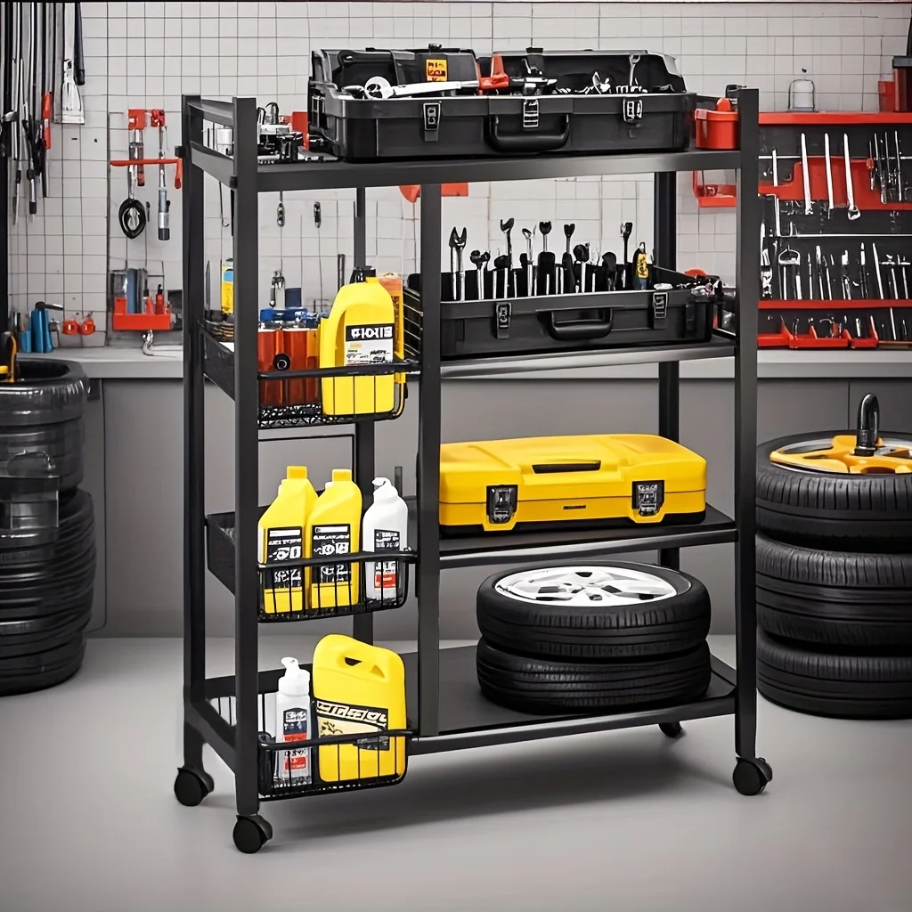 

One Movable Storage Rack, a Four-Tier Adjustable Kitchen Shelf Featuring Three Wire Baskets, Designed for Organizing And