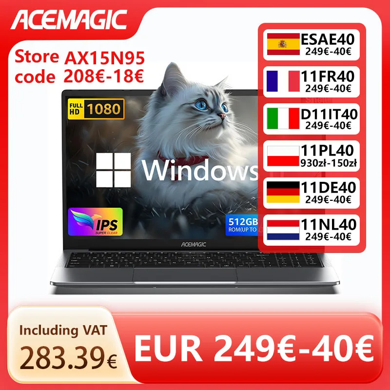 ACEMAGIC 15,6 Zoll Intel N95 Office Laptop DDR4 16 GB SSD 512 GB 180 Grad Metallgehäuse 5000 mAh Turbo 3,6 GHz tragbarer Laptop