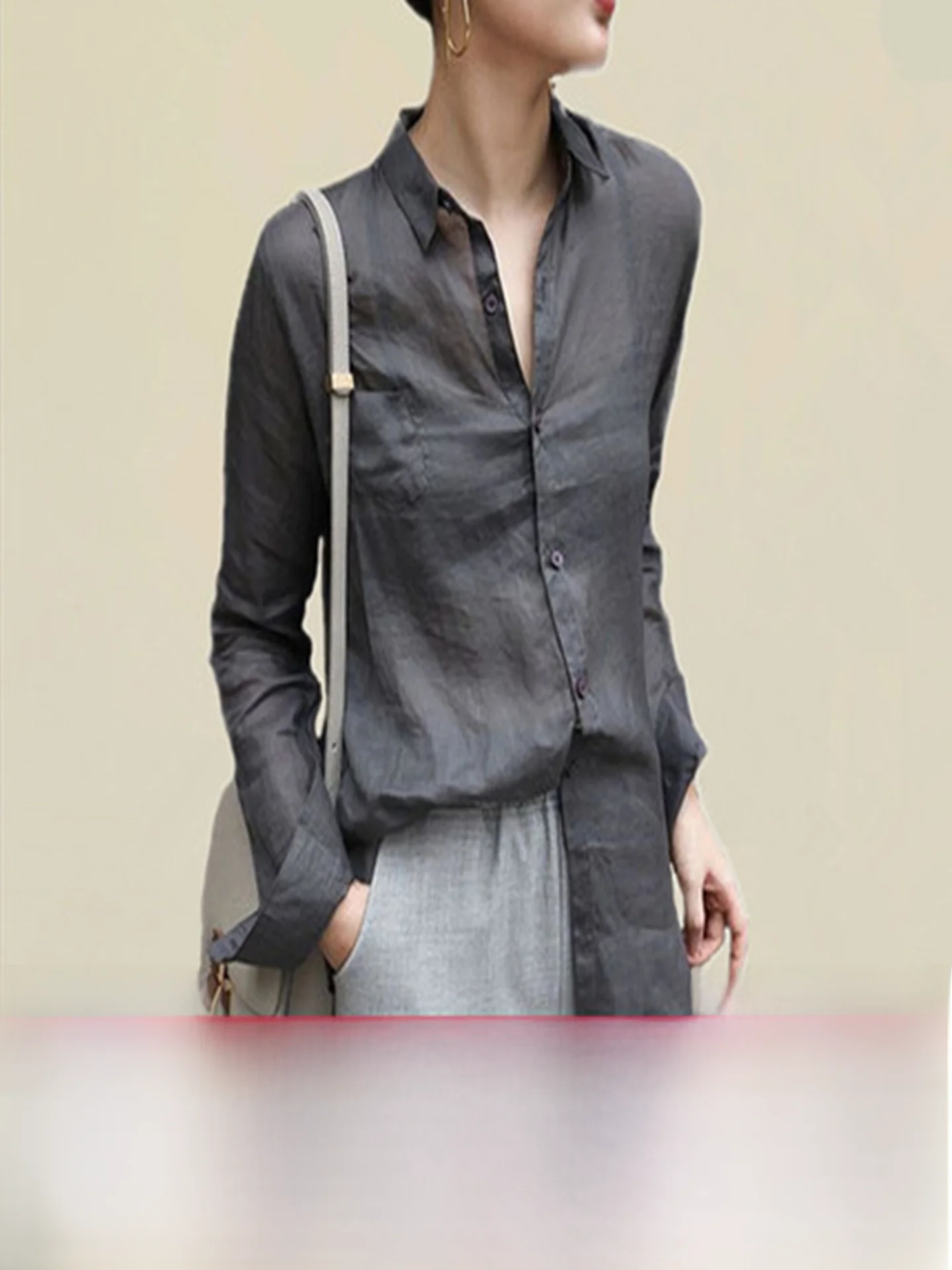 Dames longue Sve lin irt Protection UV col rabattu décontracté confortable respirant printemps Faion trajet Sle