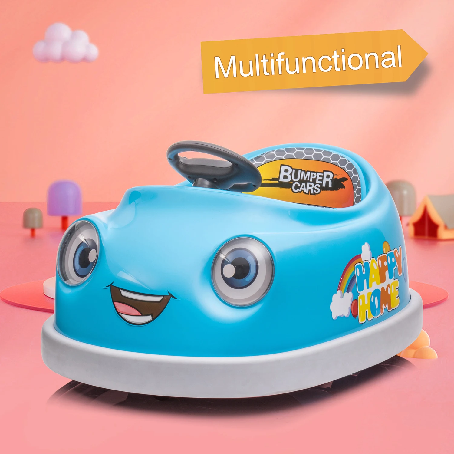 Voiture de Collision pour enfants, véhicule électrique à double entraînement 12V avec tige de poussée, plateau à manger, Mode musique USB, voiture de prévention des collisions