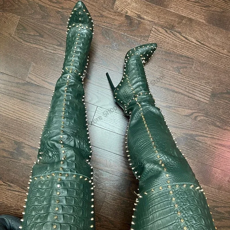 

Green Alligator Print Rivets Decor Pointed Toe Boots Back Zipper Women Shoes Sexy Fashion Party Runway 2023 Zapatos Para Mujere