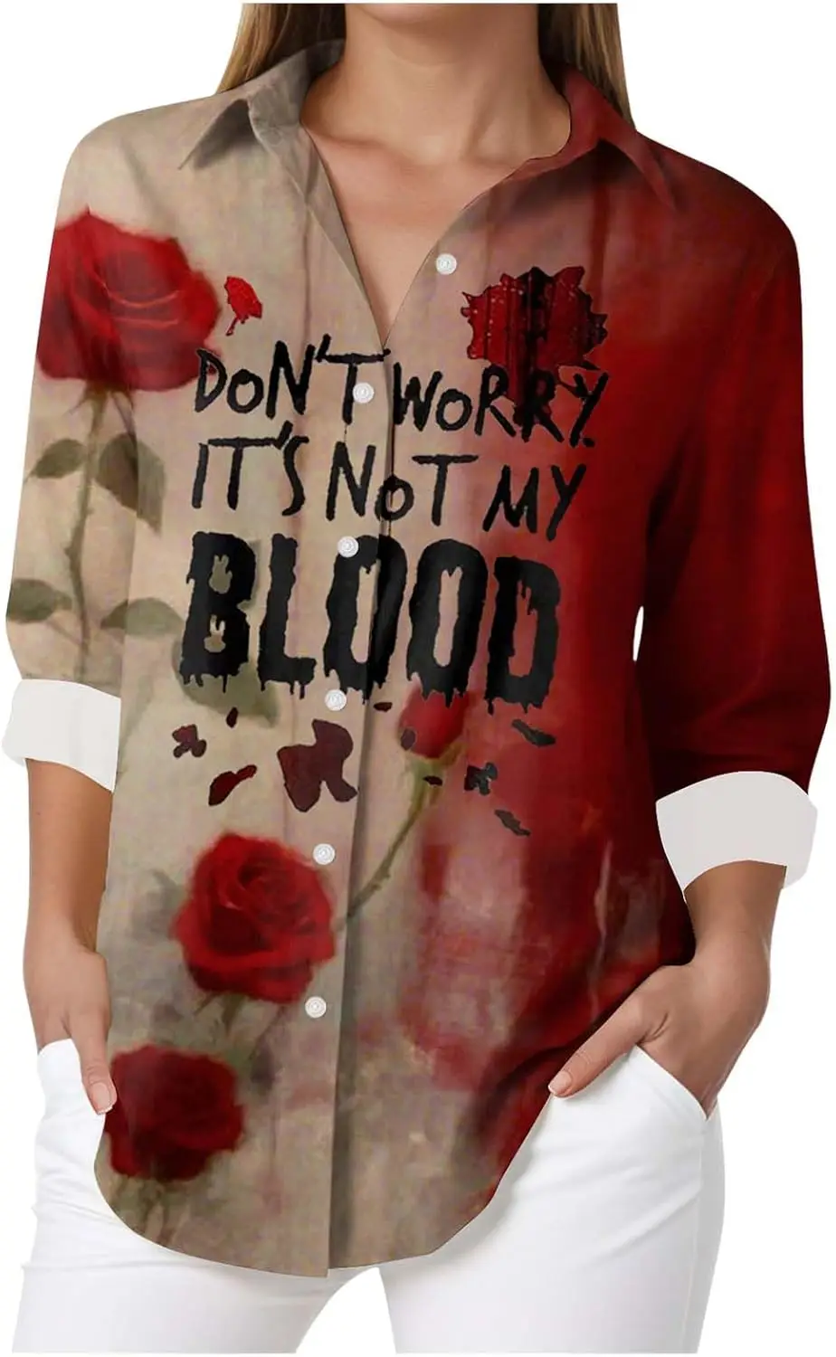 بلوزة الهالوين Kostüm Damen Bluse أنيقة بحاشية Langarmshirt Blutspritzer Muster Blusen mit