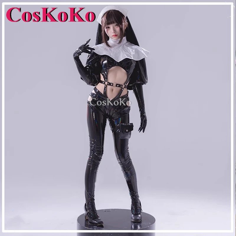 

CosKoKo Nun Cosplay Costume Fashion Sexy Balck PU Leather Jumpsuits Uniform Women Halloween Party Role Play Clothing S-XL