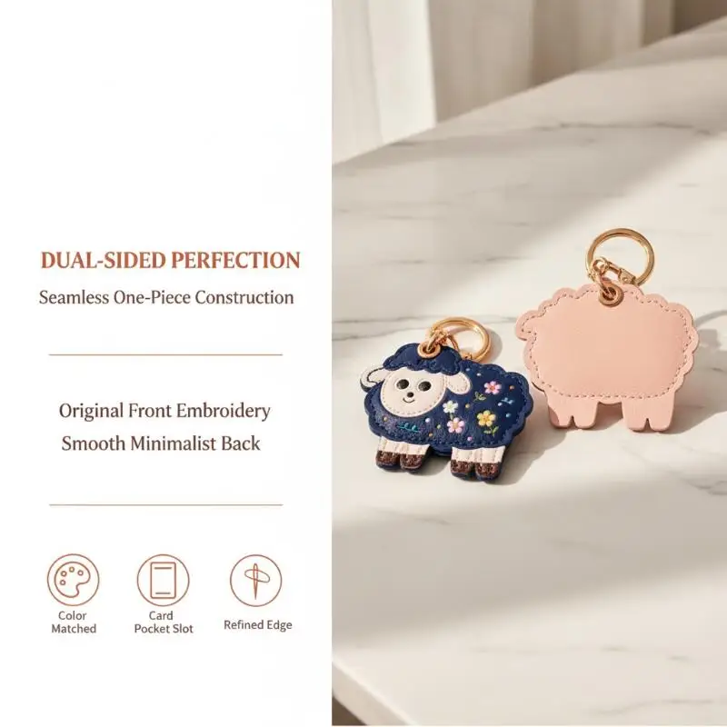 Cartoon Sheep PU Leather Access Control Card Holder, Protective Sleeve with Keychain, Decorative Card Cover for Daily Carry