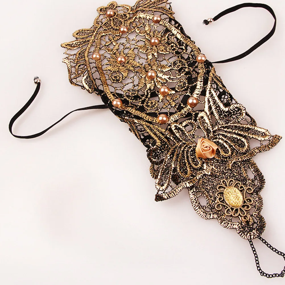 

2Pcs Renaissance Lace Gloves with Pearl Embellishment Vintage Beaded Bracelet Set for Women Festival Costume Tea Party Wedding