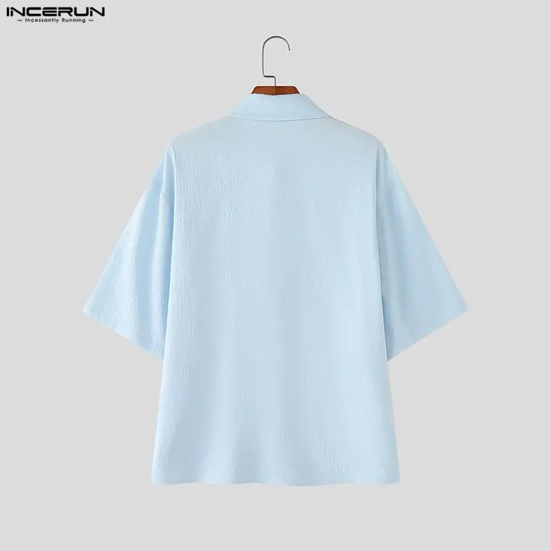 INCERUN Men Shirt Patchwork Color-block Lapel Short Sleeve Men Clothing Streetwear Loose Korean Style Fashion Casual Tops S-5XL