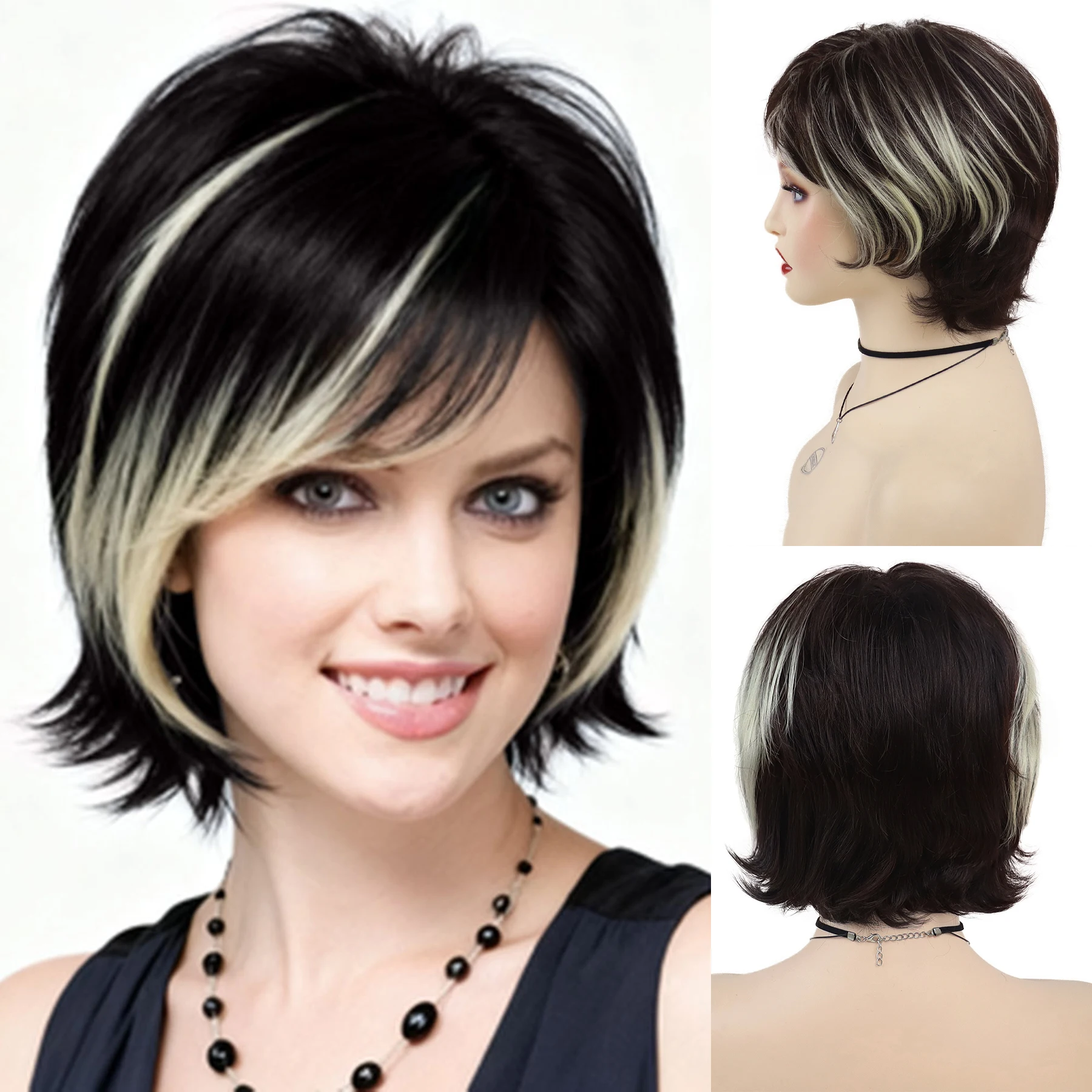 

Synthetic Stylish Dark Brown Mixed Blonde Pixie Cut Mommy Wig Short Curly Wigs for Women Daily Drag Queen Costume Heat Resistant