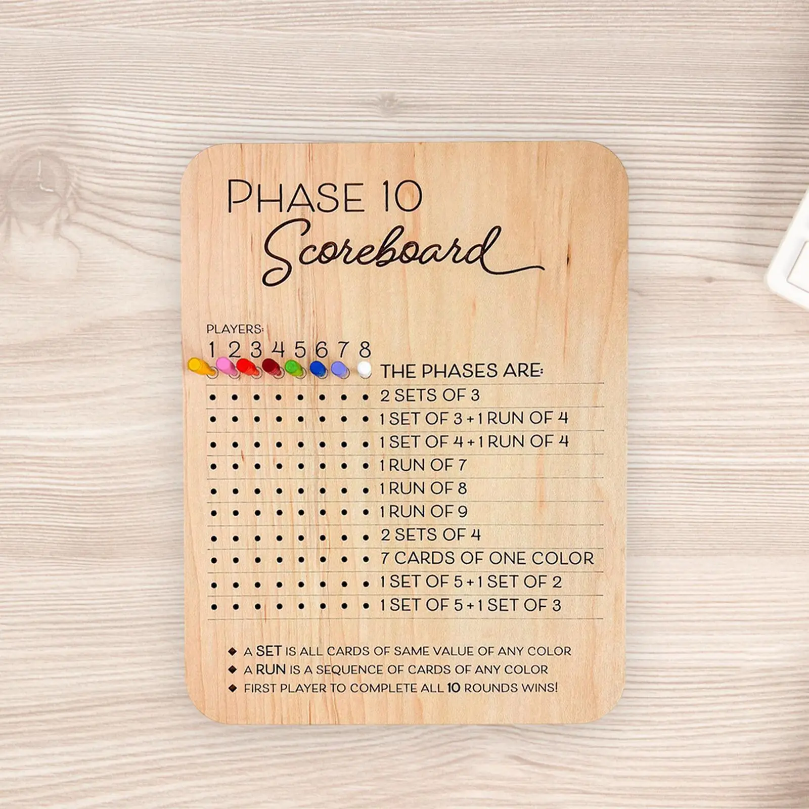 แผ่นคะแนนเฟสสิบพร้อมหมุดสี 8 อัน ไม้น้ําหนักเบาแบบพกพาแบบคลาสสิก