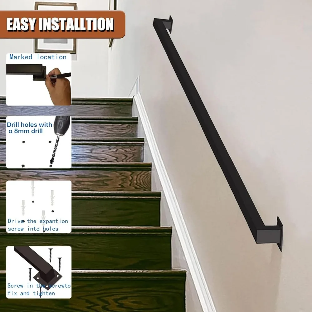 Galvanized Steel Square Staircase Handrails, Easy Install Iron Balusters Railing for Indoor and Outdoor Use, Suitable for H-Shap