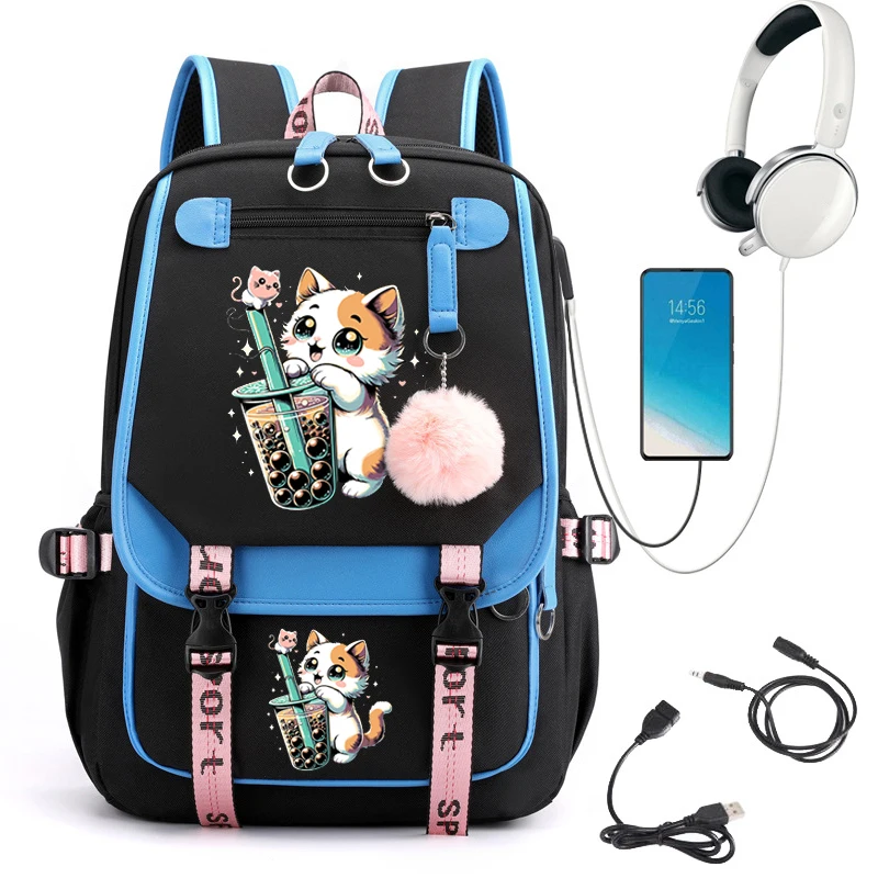 Kawaii Backpack Girl Teenager Mochila Travel School Backpack Black Pink Bagpack Boba Anime Cat School Bag Usb Mochilas Escolares