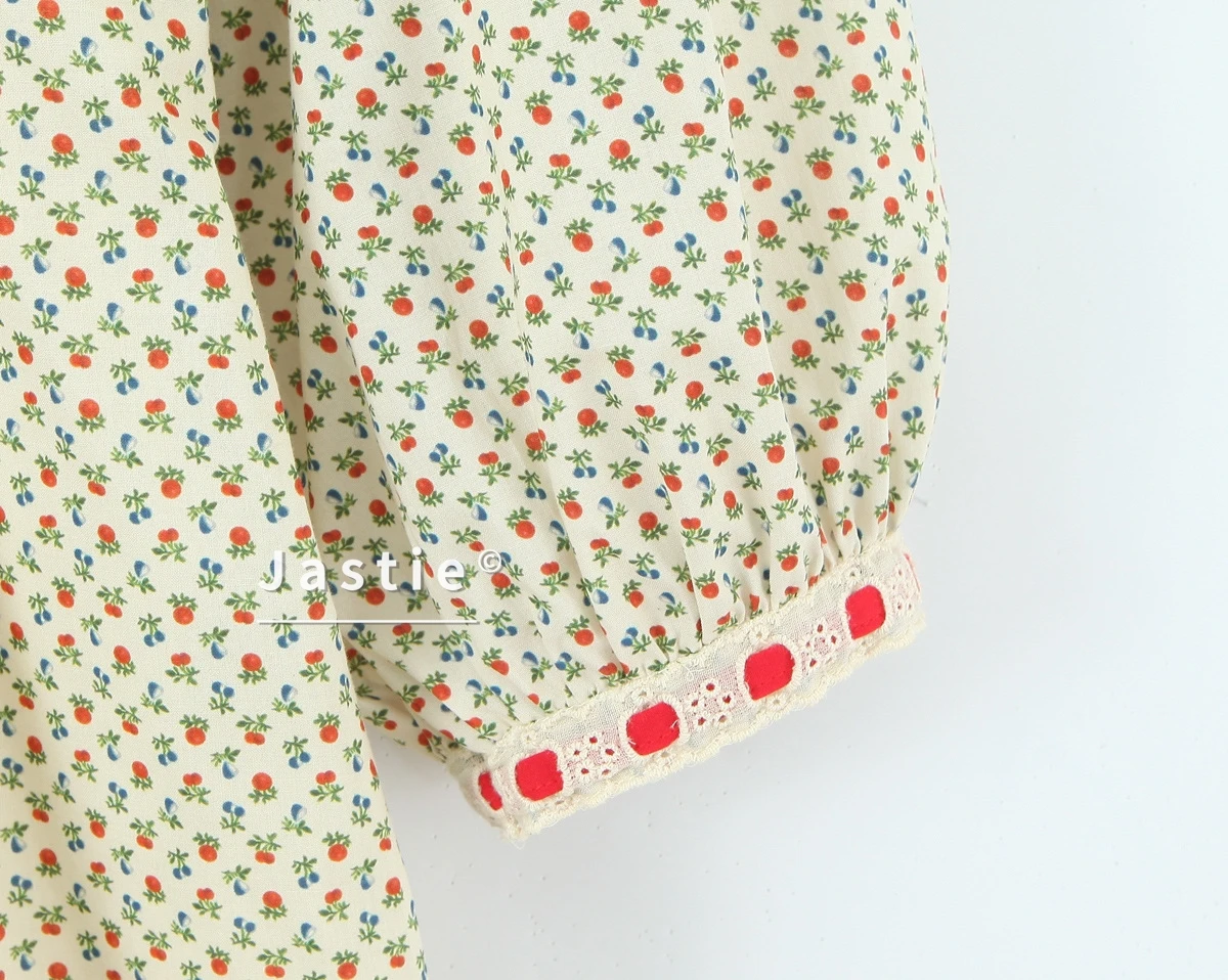 Vestido Mini Floral Kawaii Francés para Mujer, Vestido Corto de Verano con Lazo Rojo, Manga Abullonada, Algodón, Línea A, Estilo Dulce Lolita Cottagecore