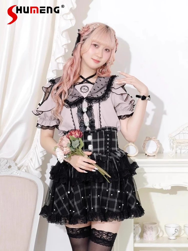

Japanese New Mine Mass Production Off-the-shoulder Short-sleeved Shirt Summer Sweet Girls Cute Bow Lolita Style Navy Collar Top