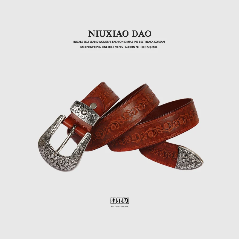 

Ethnic style embossed genuine leather belt, plant tanned top layer cowhide belt, Mongolian style personalized carving trend