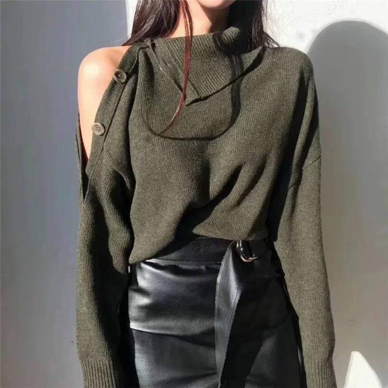 Pull à col roulé coréen à manches longues pour femmes, pulls chauds basiques avec boutons, hiver 2023