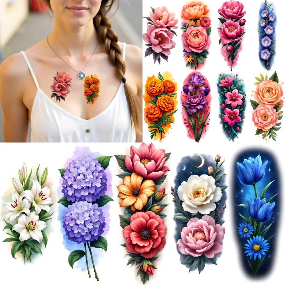 

9pcs Temporary Tattoo Flower Pattern Realistic Temporary Tattoos Floral Design Colorful Realism For Adult Arms Male