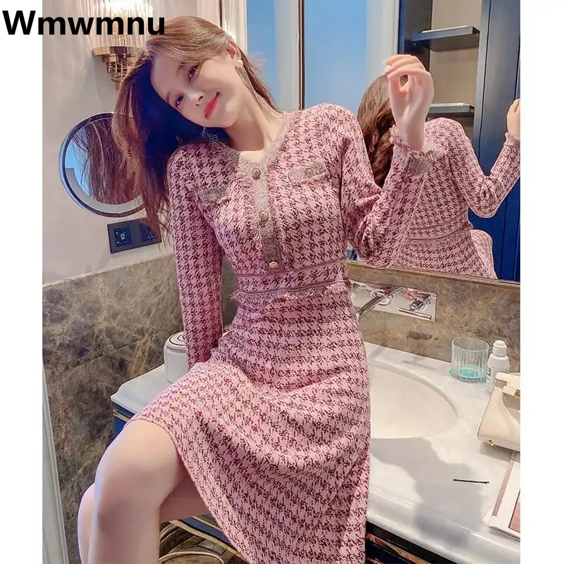 Houndstooth V-neck Knitted Dress Long Sleeve Women Spring Vintage Vestidos Slim Elegant Kleid V-neck Korean Knitwears Dresses