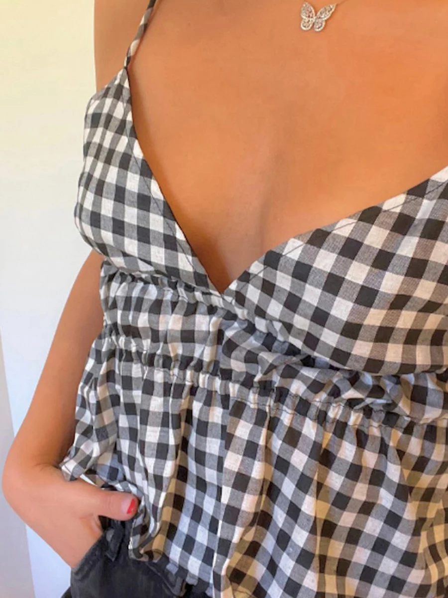 Женские топы на бретельках в клетку с принтом без рукавов и открытой спиной с V-образным вырезом, модные топы на бретелях с завязками