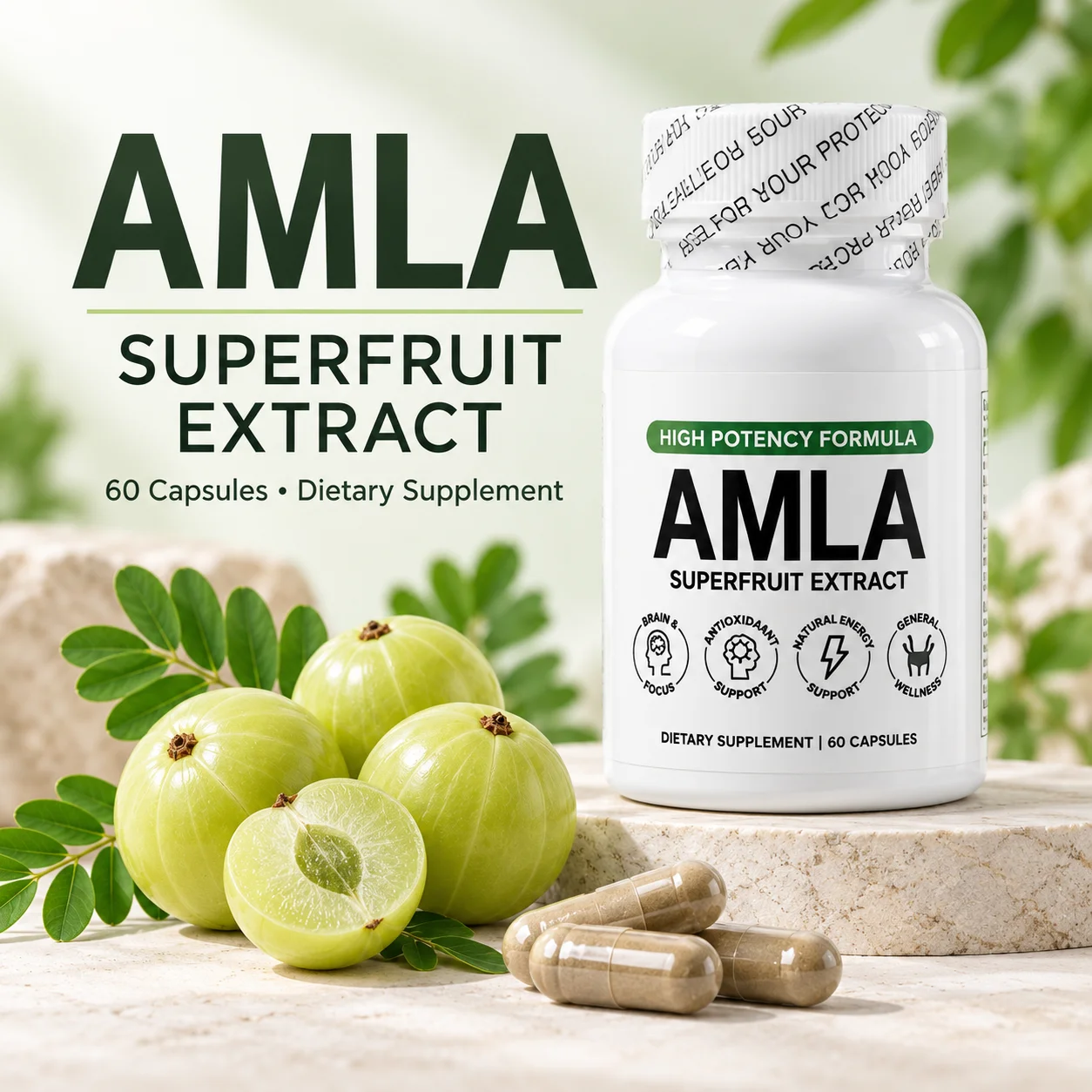 Amla Fruit Extract, Indian Gooseberry Supplement with Vegetable Capsule Shell for Daily Wellness & Digestive Support, 60Capsules