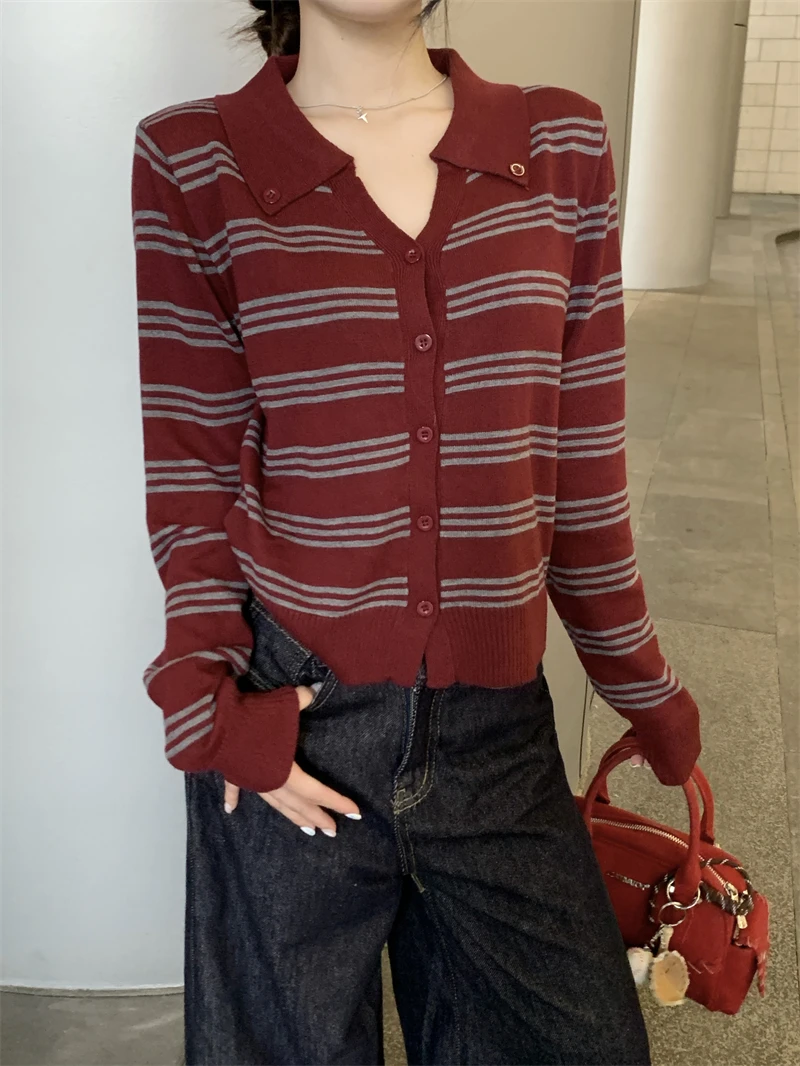 

Knitted Cardigan Women Retro Striped Top Long Sleeve Autumn Outerwear Lapel Sweater