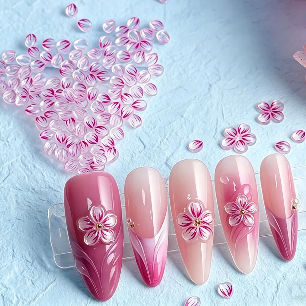 100Pcs Transparent Pink Sakura Petal Nail Charms 3D Cherry Blossom Resin Nails Art Decorations Cute Floral Manicure Accessories