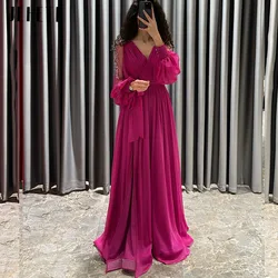 JEHETH 2023 Puff Long Sleeves Evening Dress Fuchsia Chiffon V-neck Formal Party Prom Gowns Side Split Women's Beading Lace