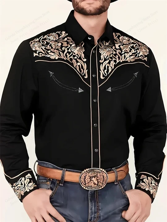 Camisa de manga longa estilo cowboy ocidental do vintage dos homens demin elegante impressão 3d camisa masculina moda havaiana camisa outwear blusa