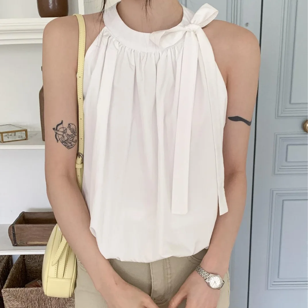

Summer New Style Women's Sleeveless Neck Hanging Vest Sexy Gentle Shoulder Exposure Belted Bridesmaid Korean Straight Cut Shirt