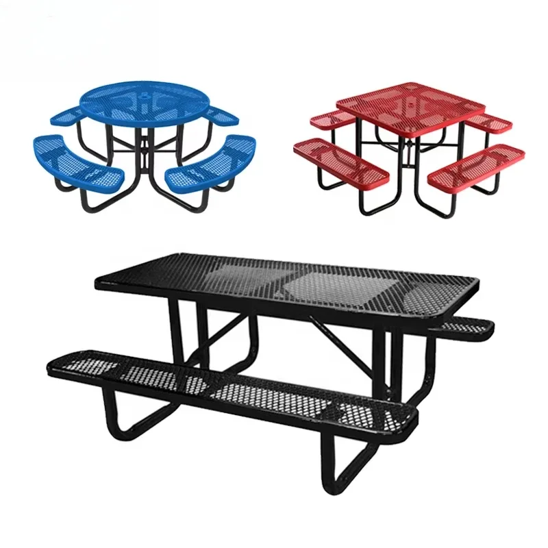 Expanded Steel Round Square Commercial Picnic Table with Terrace Furniture Outer Bench Modern Metal Dining Table and Chairs