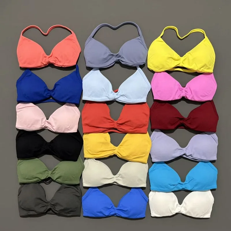 

Women Sports Bra Strappy Backless Yoga Gym Bra Removable Cups High Elastic Fitness Yoga Tank Top Halter Sport Bras