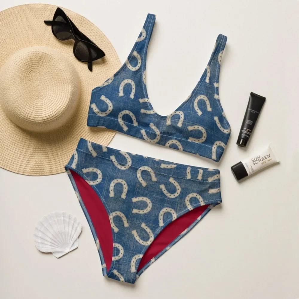 Women Sexy Bikini Swimsuit Sequins Horseshoe Printed Gym Training Swimwear Florals Bathing Suit Sportswear Two-Piece Suits