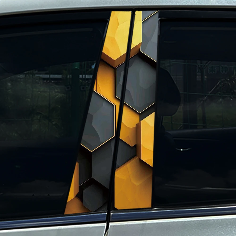 

2 шт. 3D-наклейки на B-стойку автомобиля в форме сот, водонепроницаемые желто-серые геометрические виниловые наклейки, декор для автомобильных окон