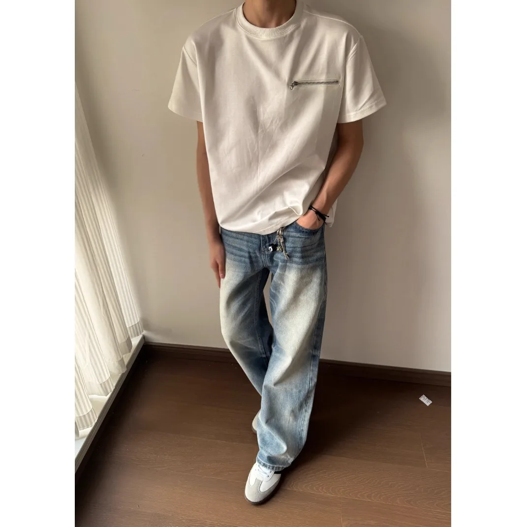 

Washed Blue Jeans Loose Straight American Retro for Men Youth Popular Casual Wear Resistant Polyester Fiber Jeans