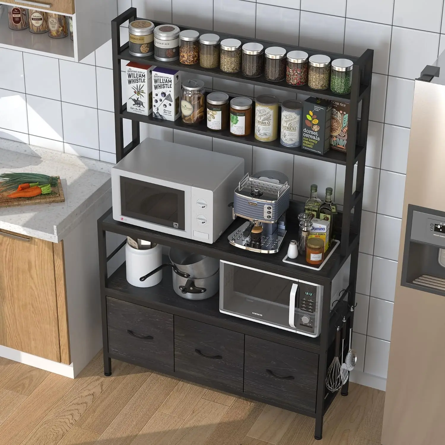 Kitchen Bakers Rack with Baskets,5-Tier Free Standing Storage Shelf Rack,Industrial Microwave Oven Stand,Metal Kitchen Rack