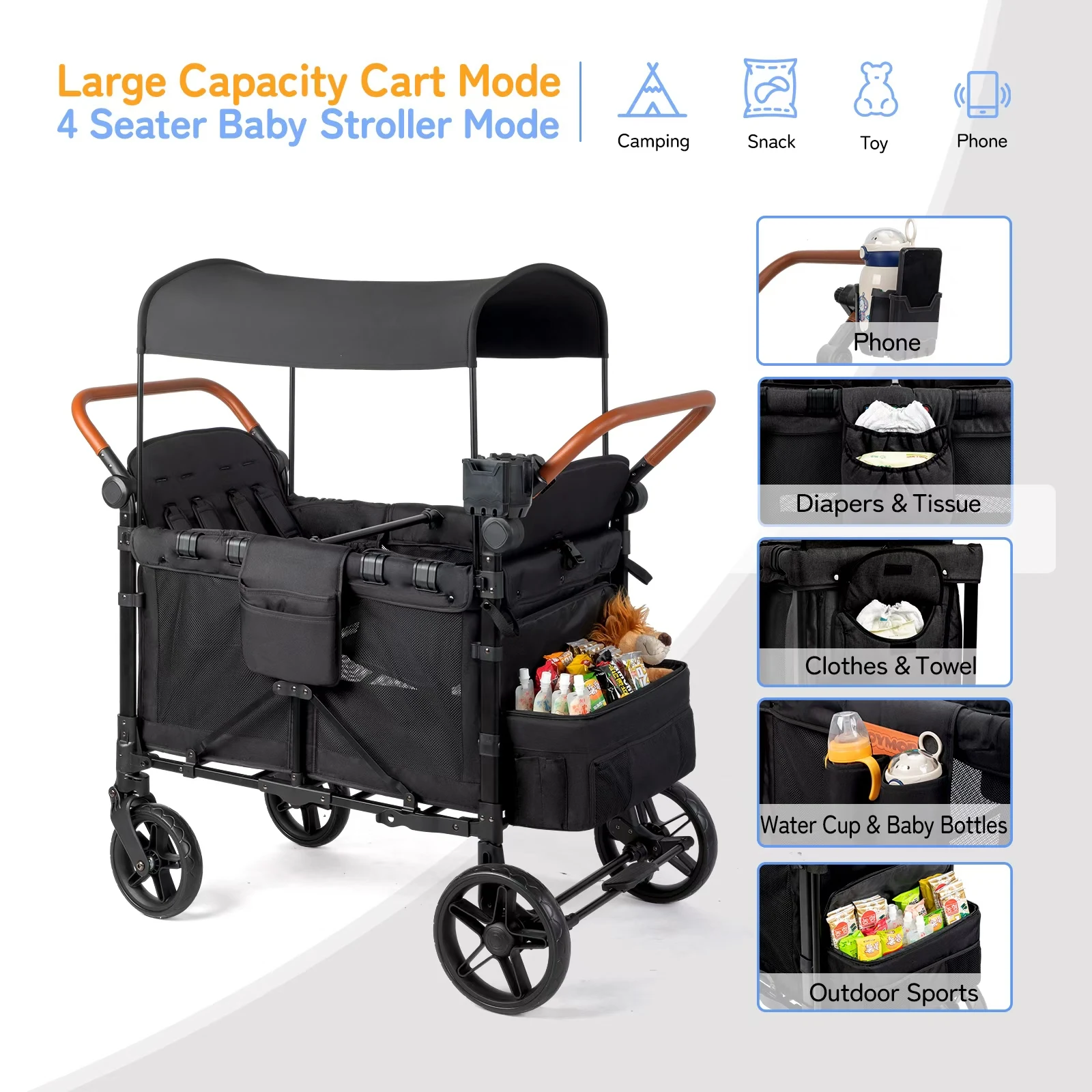 

Baby Wagon Stroller 4 Seater Heavy-Duty Foldable Beach Wagon 600D Oxford Fabric All-Terrain 4-Child Camping Stroller