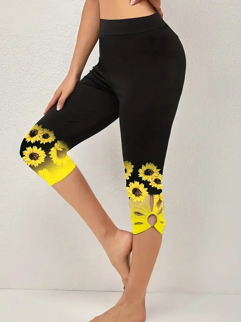 Women’s Plus Size 1XL-8XL Sunflower Print Leggings Fashionable Cut Out Comfortable Finess Capri Curvy Ladies Perfect Casual Wear