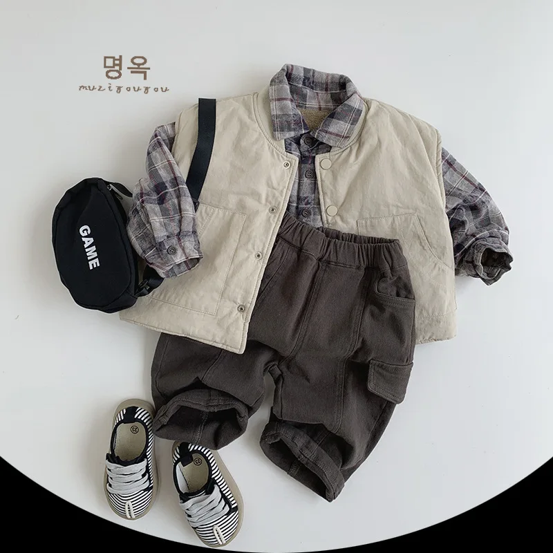 2024 Winter New Children Sleeveless Plaid Vest Thick Warm Girls Casual Coat Baby Boys Double Sided Vest Jacket Kids Clothes