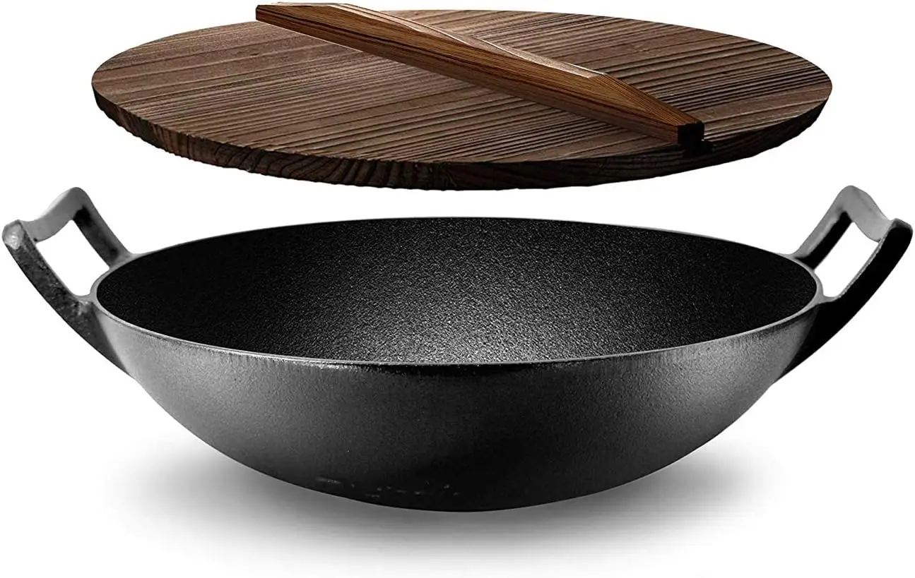 

Pre-Seasoned Cast Iron Wok with Wooden Lid - 5.8 Qt Capacity, Induction Compatible for Stir-Fry Cooking