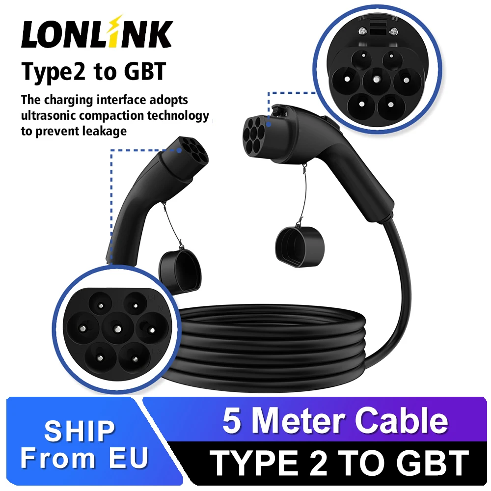 LONLINK  TYPE 2 TO GB/T 62196 EV Charger Cabl 16/32A 22KW 3Phase Fast Charging Cable 5M Charger cable electric car Type 2 To GBT