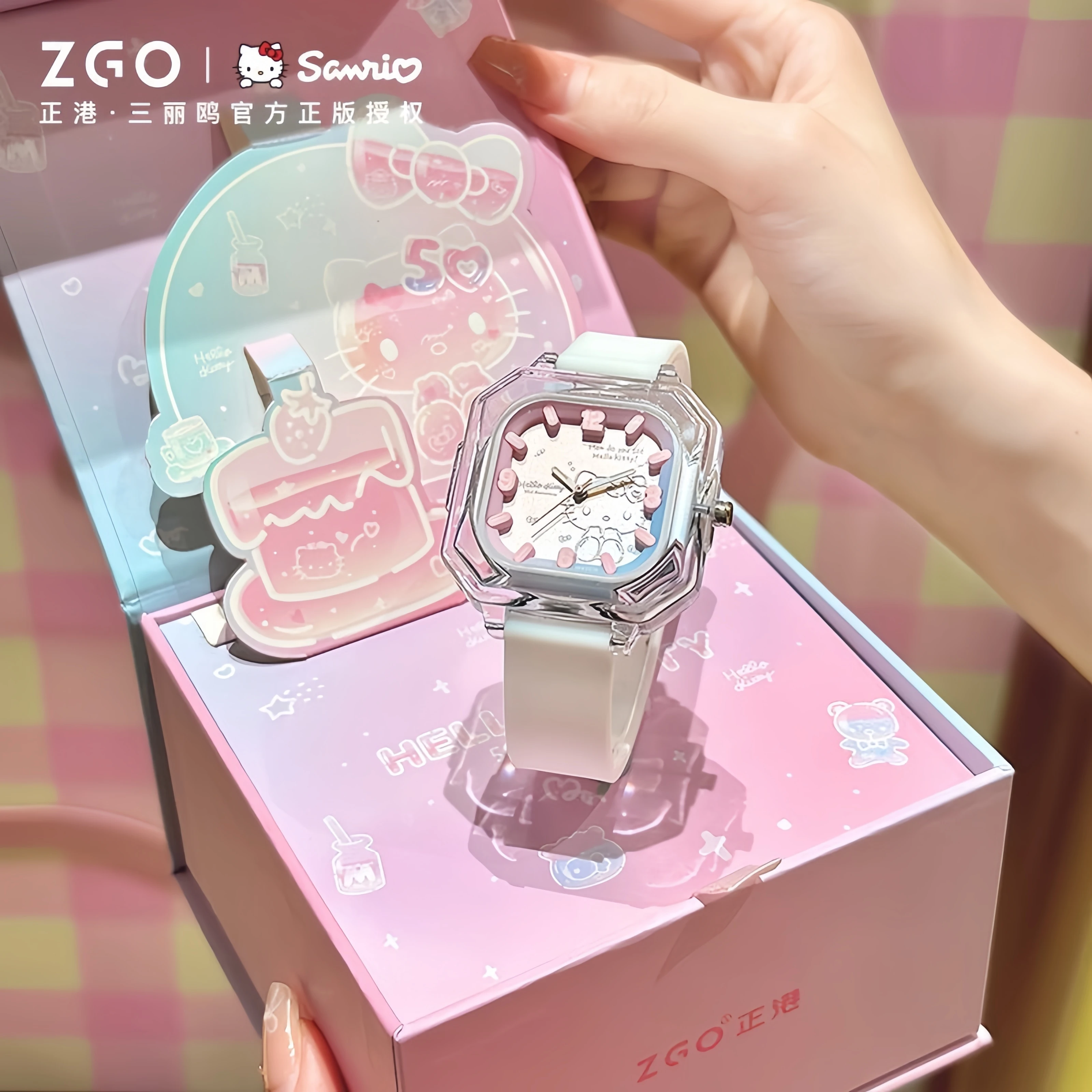 

Sanrio 50th Helookitty Joint Zgo Student Watch Jelly Silicon Square Watch Waterproof Night Light Watch Birthday Gift For Women