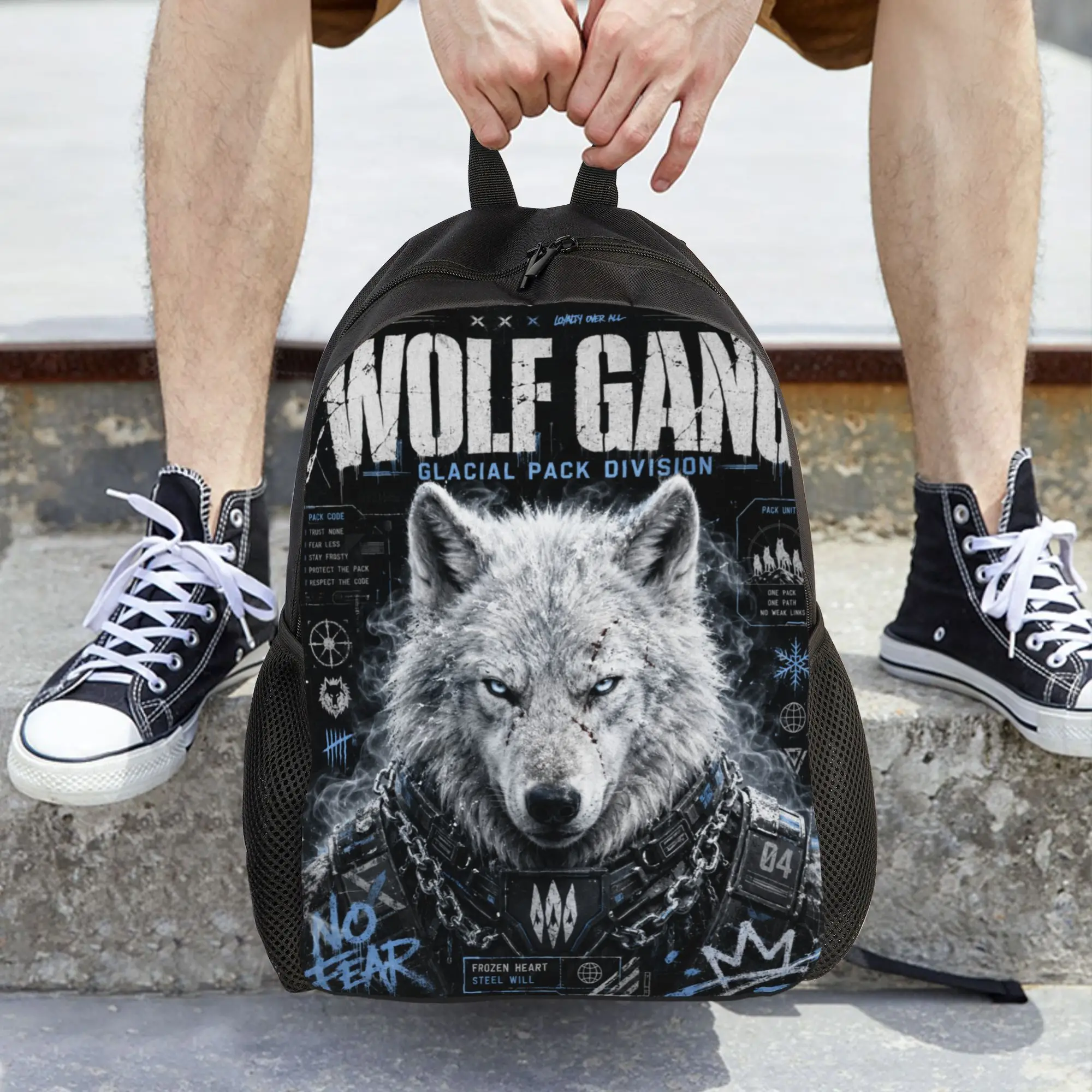 Fashion Graffiti Wolf Game backpack  mochila Casual Work Zipper Closure Rucksack