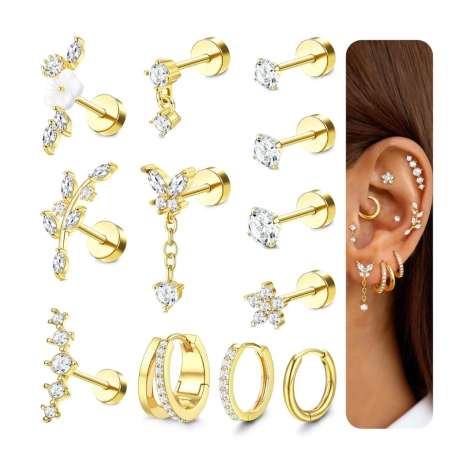 Hypoallergenic Cartilage Earrings for Women Flat Back-20G Cartilage Earring Stacks-Surgical Steel Earrings for Sensitive Ears-316L Stainless Steel Flatback Studs Hoop Earring Sets for Multiple Tragus Conch Daith Helix Piercing Jewelry Single PC