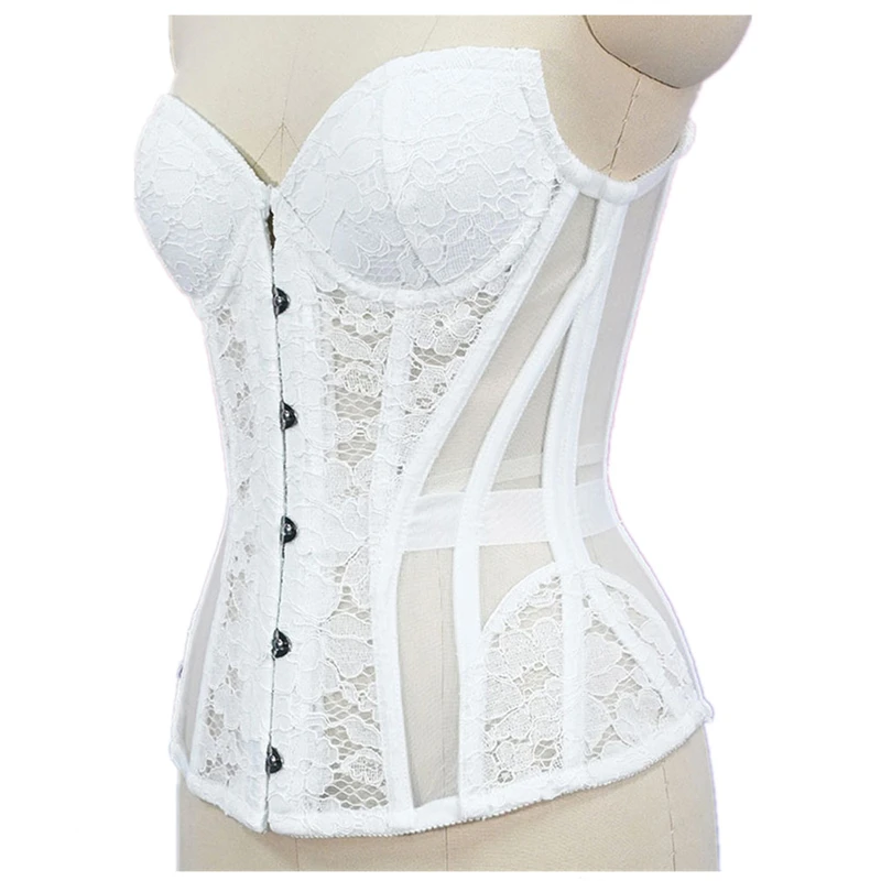 

Sexy Lace Mesh Strapless Corset Vest Women Slim Bandage V-neck Single Breasted With Bra Fishbone Tops Elegant Streetwear Costume