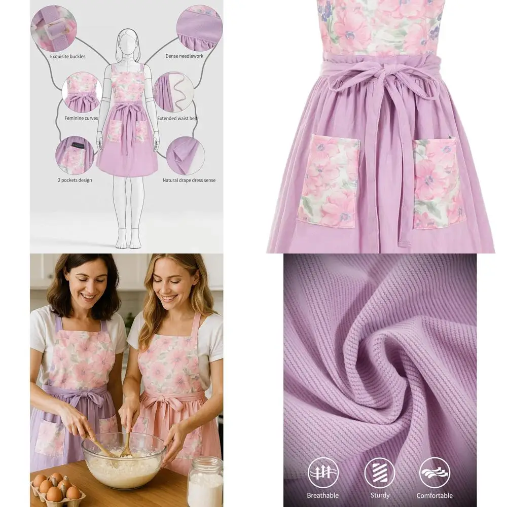 

Floral Vintage Pinafore Dress Apron with Pockets for Women - Cute Chef Aprons for Kitchen, Cooking, Baking, Gardening