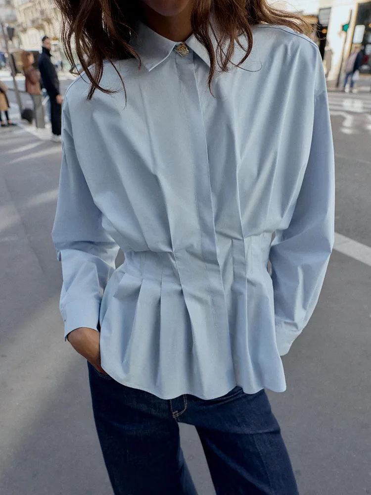 甘い色合いのプリーツシルク女性用カジュアルルーズフィットロングスリーブ折り返し襟伝統的なスタイル新作2025年秋