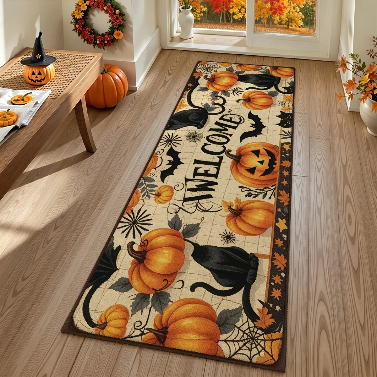 Laundry Office Dining Room Corridor Printed Runner Rug Halloween Black Cat Pumpkin Carpet Front Patio Soft Floor Mat