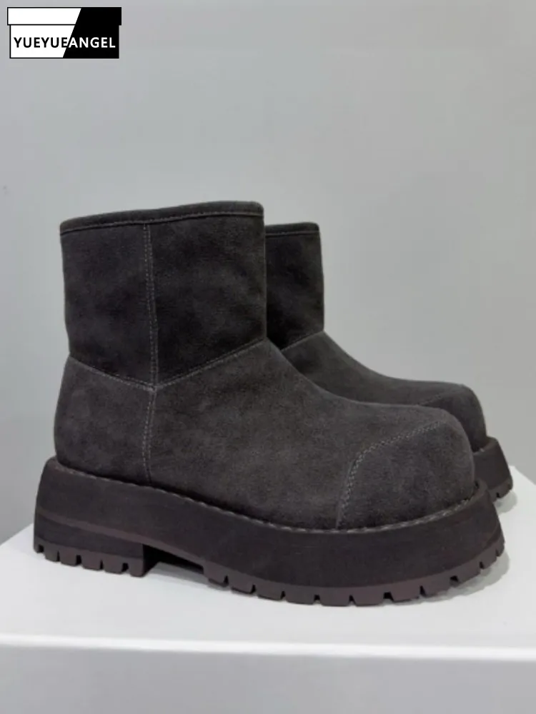 Lady Winter Cow Suede Snow Boots British Style Thick Soled Slip-On Ankle Boots Round Toe Fleece Lining Warm Solid Color Footwear