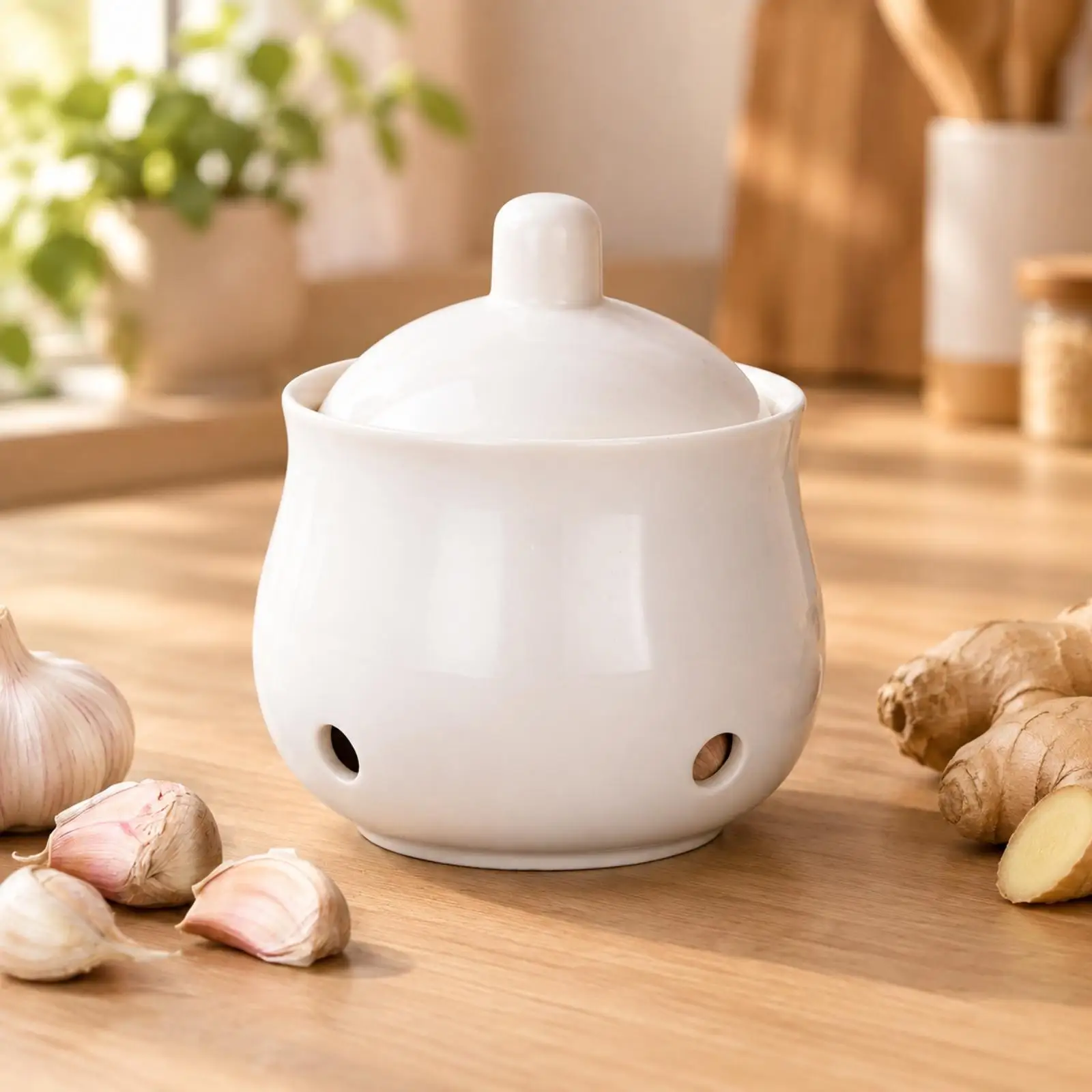 Ceramic Food Keeper Jar with Airflow Holes for Garlic Ginger Chili Countertop Storage Solution