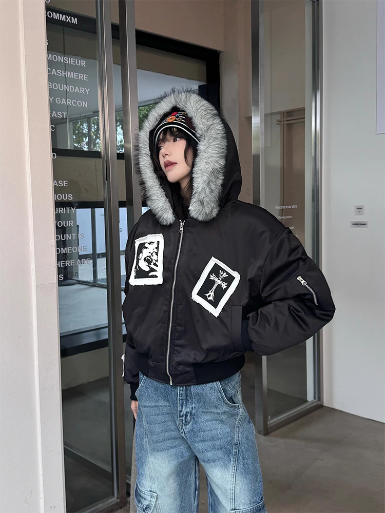 

URKR Gothic Sle Hooded Cotton Jaet Women's ort Thiened Design Unique Outerwear High Street Fur Collar Zipper Closure